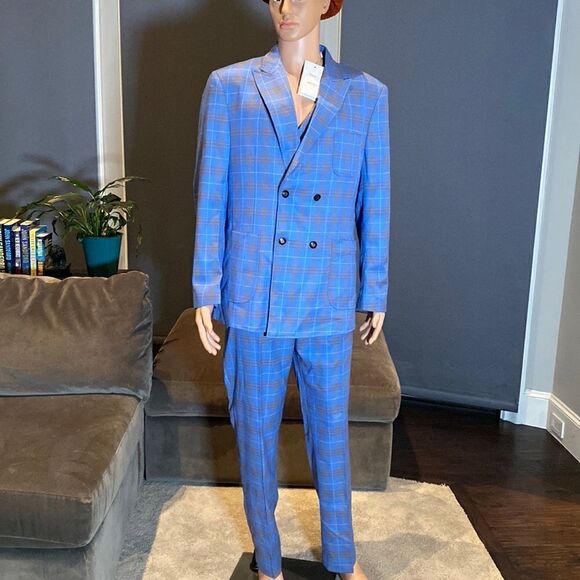 Men’s Mogu 3 Piece Plaid Suit Double Breasted PeakedLapel 42 Jacket 38 Pants NWT - Picture 1 of 15